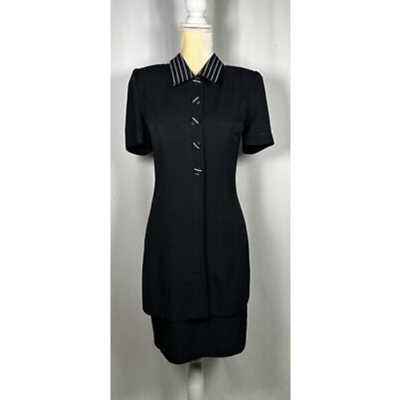 Virgo II Women's Black Dress with White Pinstripe Collar and Buttons - Size 12 - Picture 1 of 7